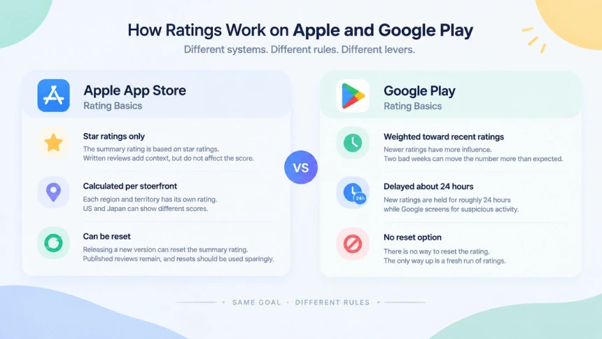 Apple and Google Play rating rules compared side by side