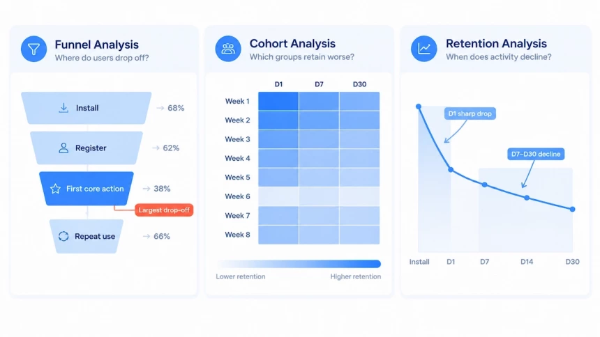 Infographic comparing funnel, cohort, and retention analysis for app churn