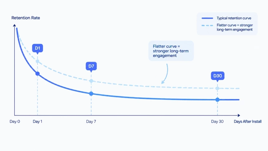App retention curves showing user retention from Day 0 to Day 30