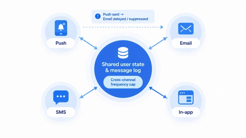 Diagram showing four messaging channels sharing user data and frequency caps.