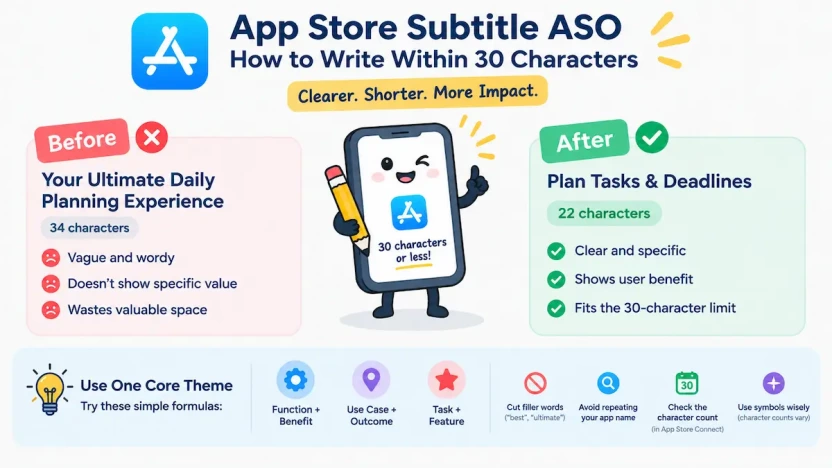 App Store subtitle ASO tips for writing clear subtitles within 30 characters.