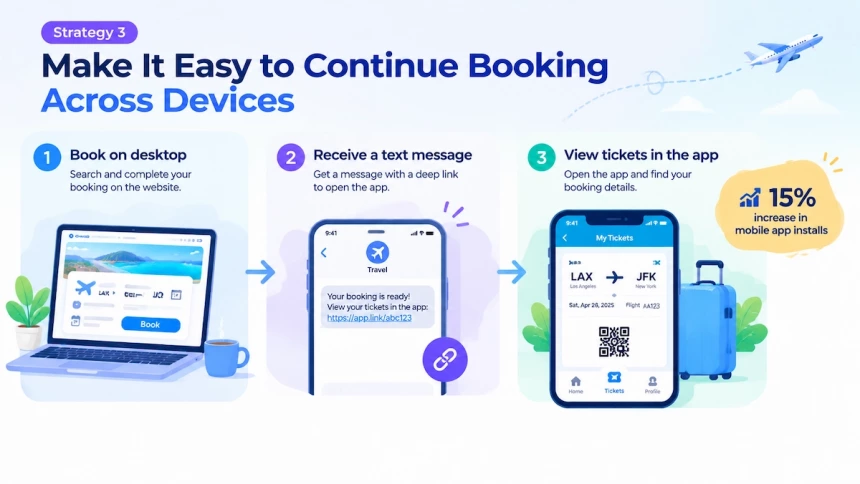 Three-step travel booking flow from desktop checkout to in-app ticket access.