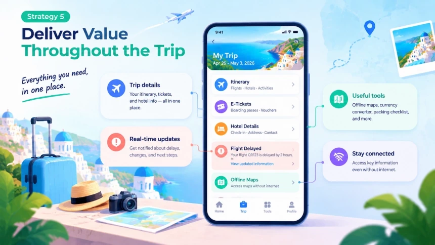 Travel app itinerary with e-tickets, hotel details, flight alerts, and offline maps.