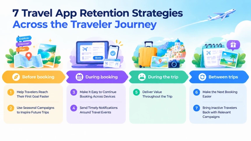Seven travel app retention strategies across four stages of the traveler journey.