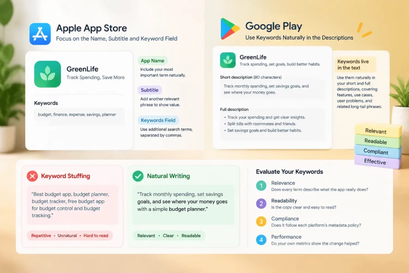 App Store and Google Play keyword placement, natural writing, and keyword stuffing examples.