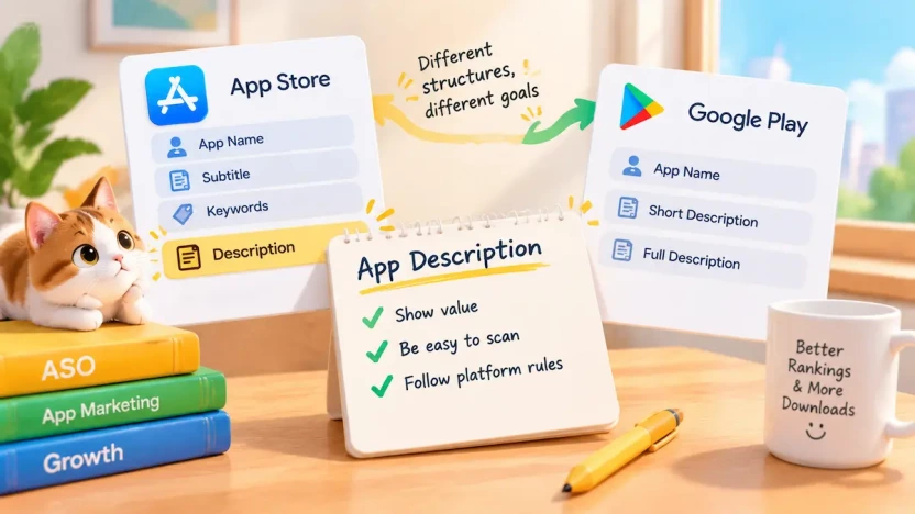 App Store and Google Play metadata fields highlighting app description optimization.
