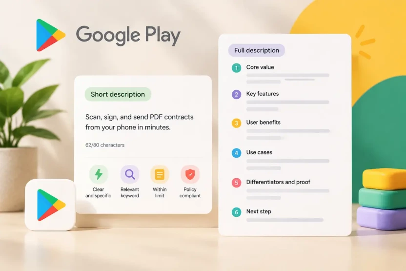 Google Play short and full description writing guide.